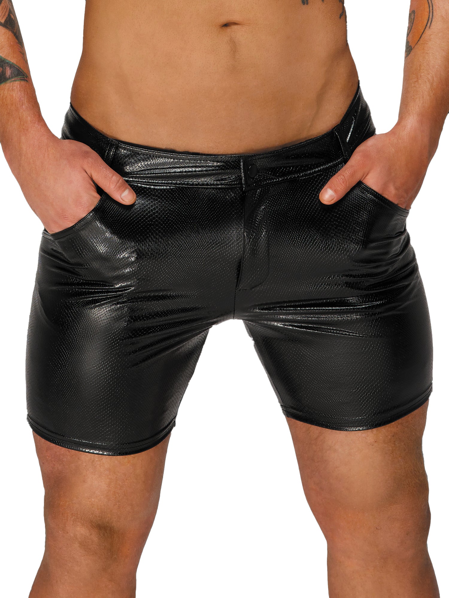 Short wetlook motif lézard avec poches